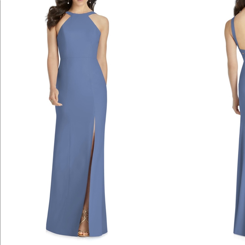 Dressy Larkspur cutaway shoulder crepe gown